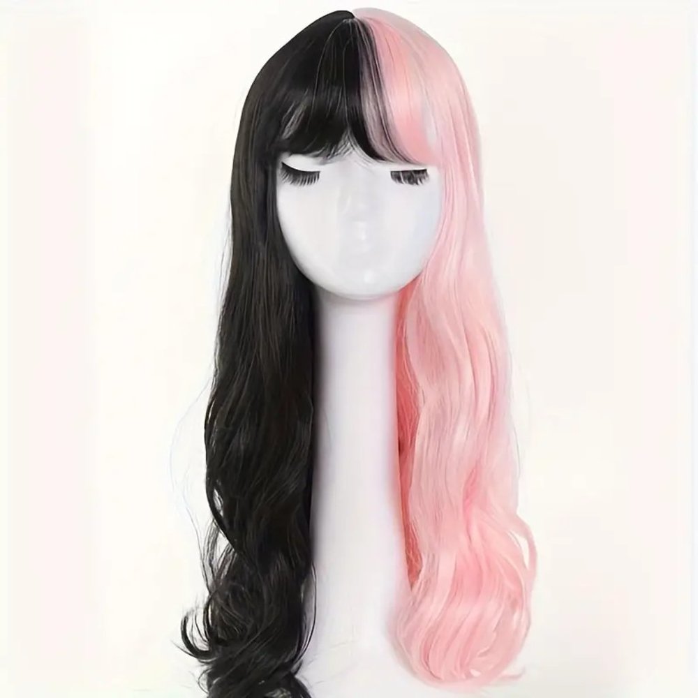 {NEW} Two-Tone Long Curly Wig with Bun Attachment Pink/Black